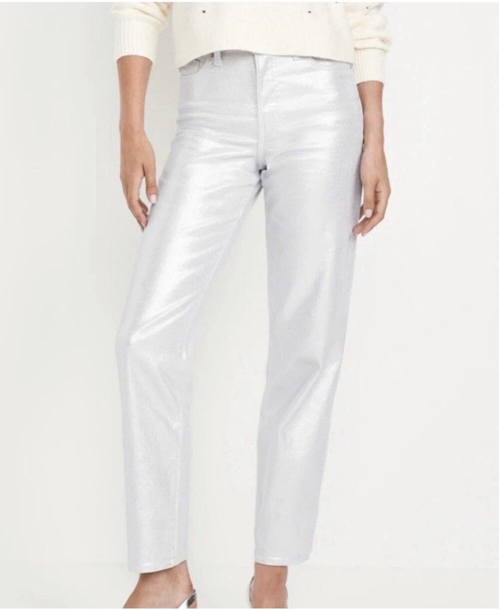 Old Navy High Rise OG Loose Silver Shine Jeans Pants Size 2 Disco Metallic NWT